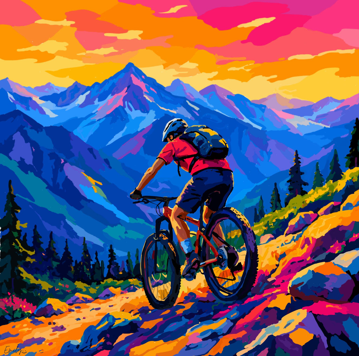 A vibrant, stylized mountain biking scene with a cyclist riding up a rocky trail, set against a backdrop of blue and purple mountains and a bright orange, pink, and yellow sunset sky.