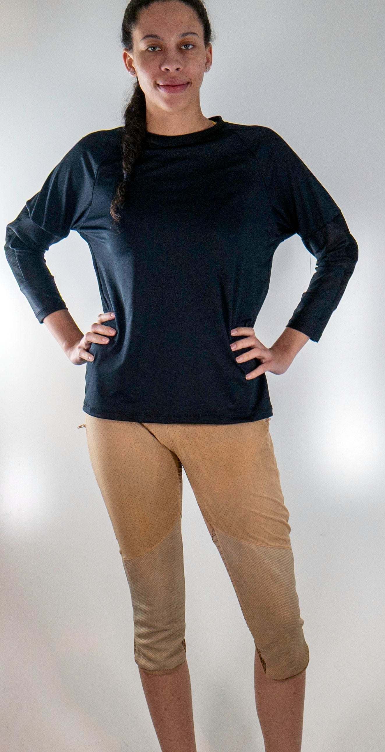 Women's mountain bike pants with removable G-Form hip and knee pads designed for durability and breathability.