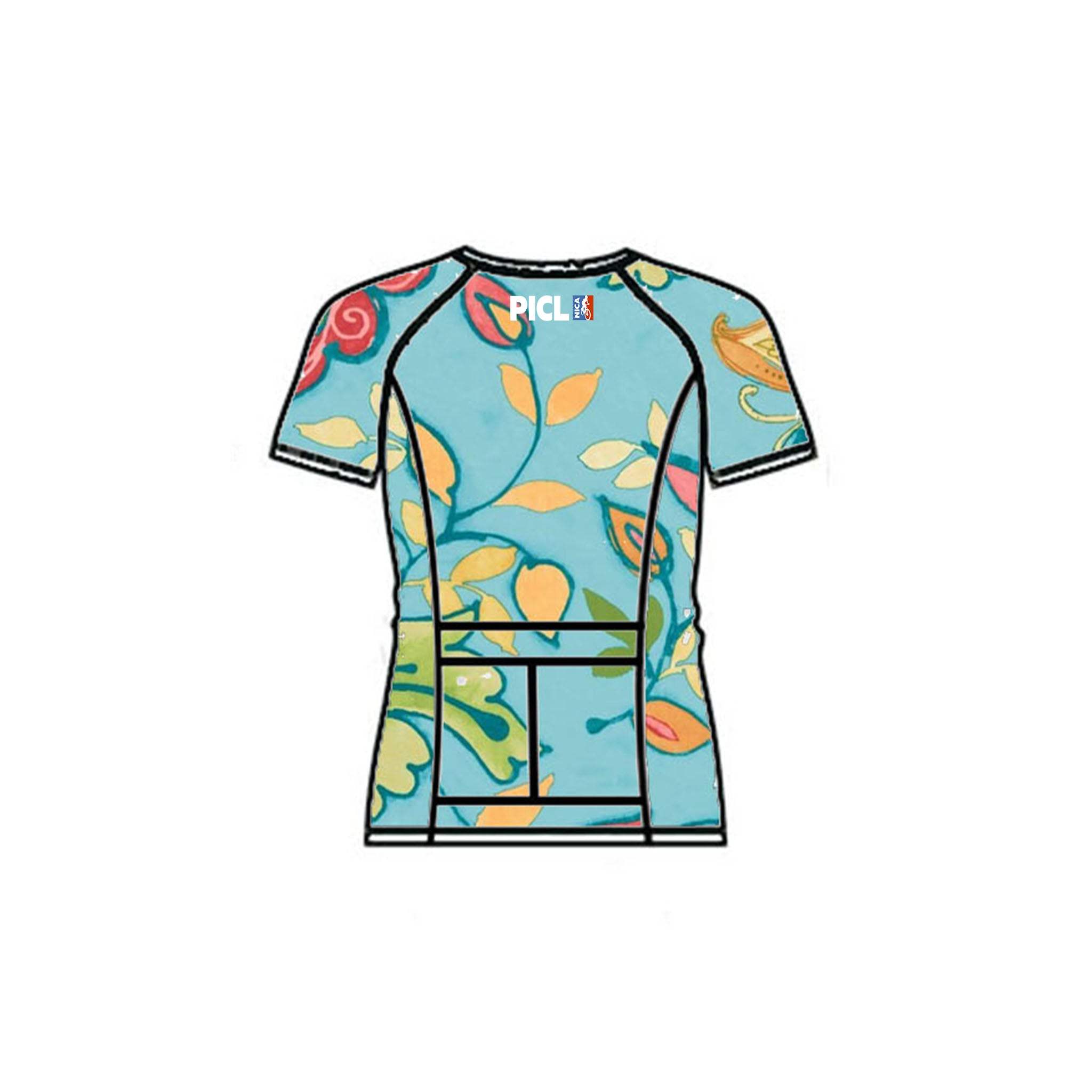 Women's PICL GRiT Tee cycling jersey with short sleeves, colorful floral design, moisture-wicking fabric, and back pockets for essentials.