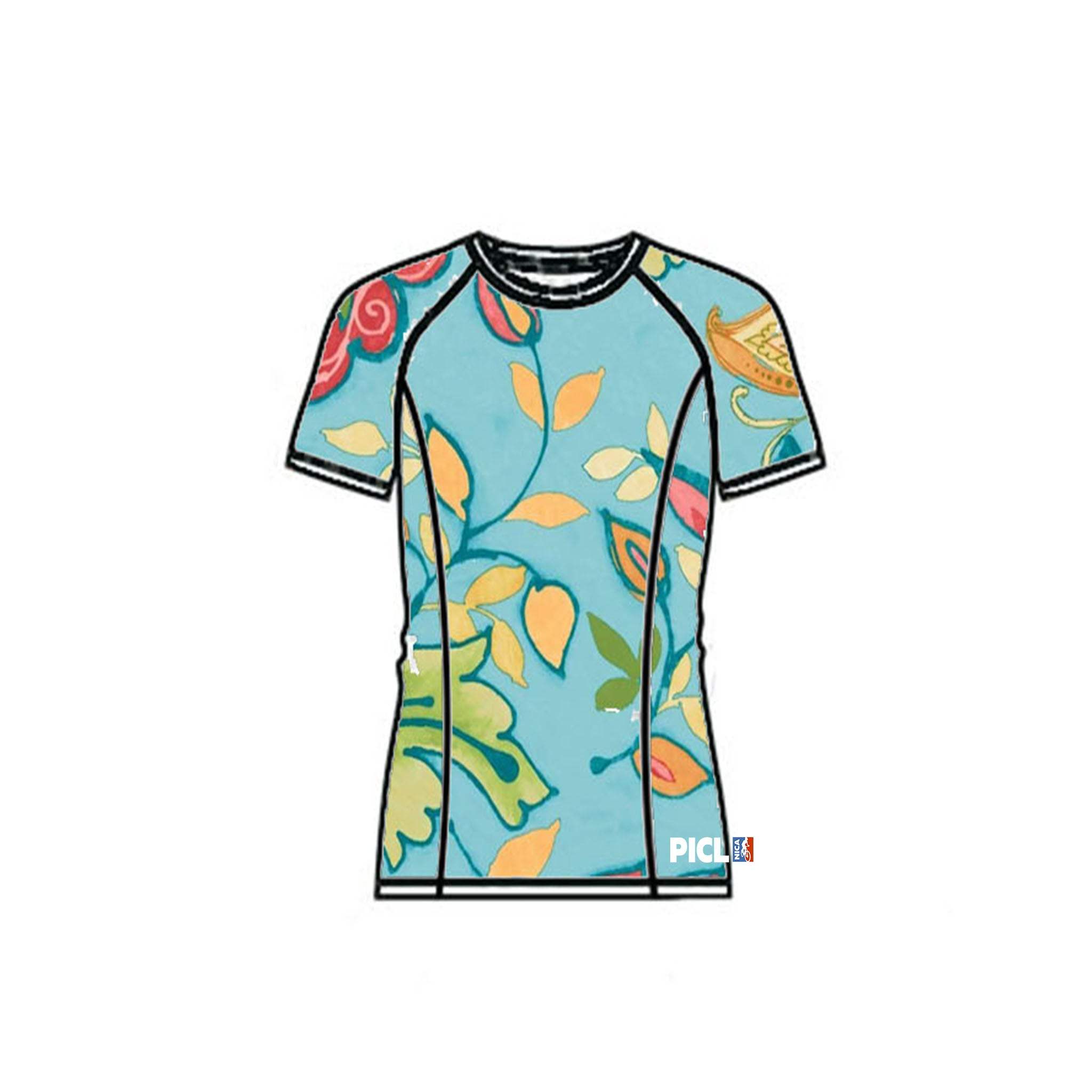 Women's PICL GRiT Tee cycling jersey in blue with floral design and short sleeves