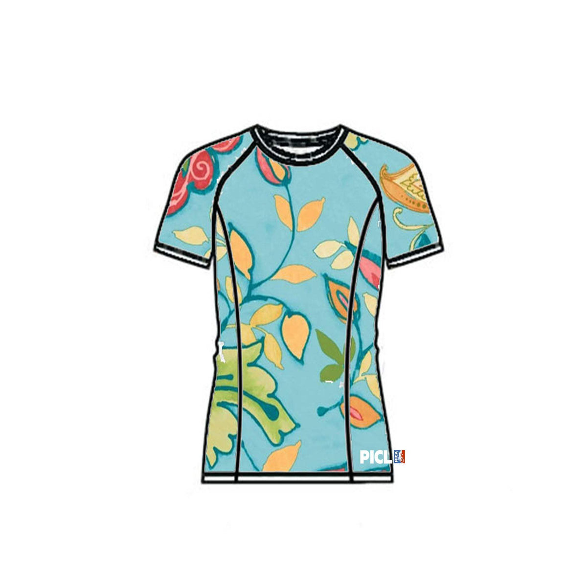 Women's PICL GRiT Tee cycling jersey in blue with floral design and short sleeves