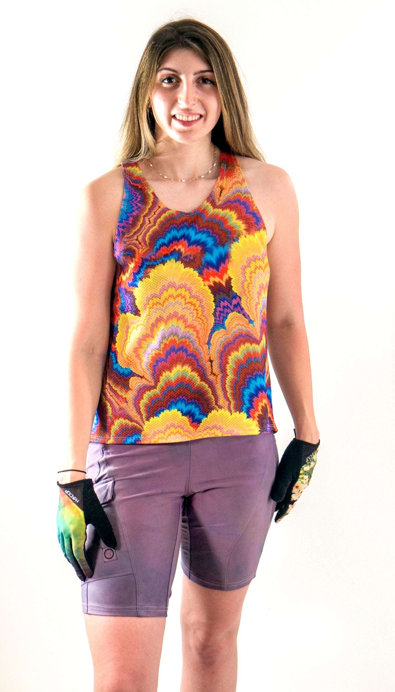 Tech Tank Lux Rainbow with breathable mesh fabric and vibrant design.