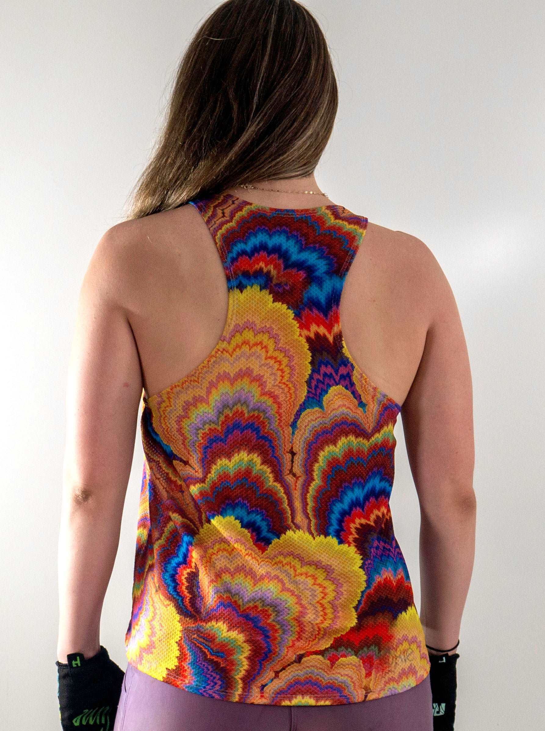 Tech Tank Lux Rainbow in breathable mesh fabric with colorful design and loose fit.