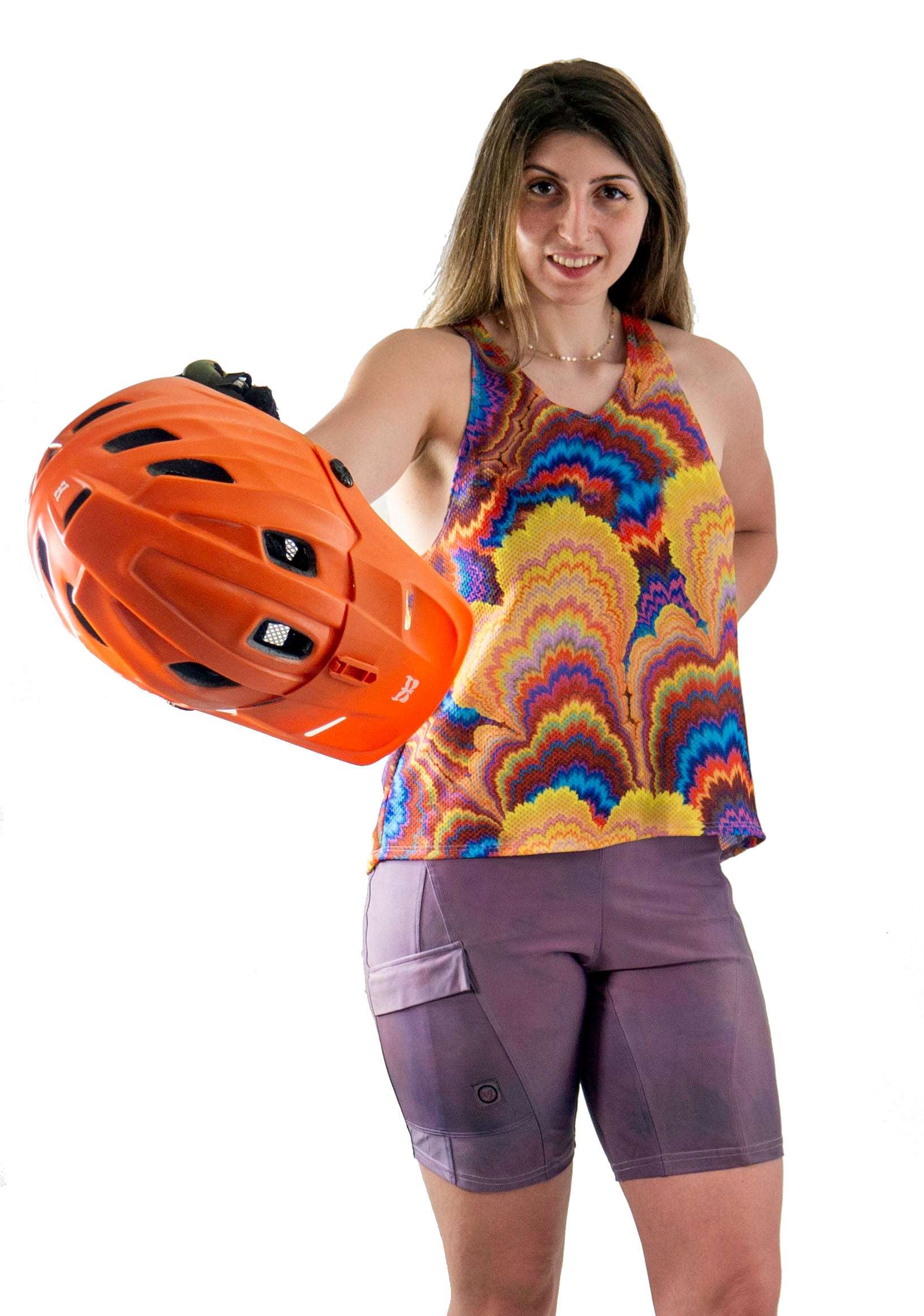 Tech Tank Lux Rainbow with breathable mesh fabric in vibrant colors, mountain bike style.