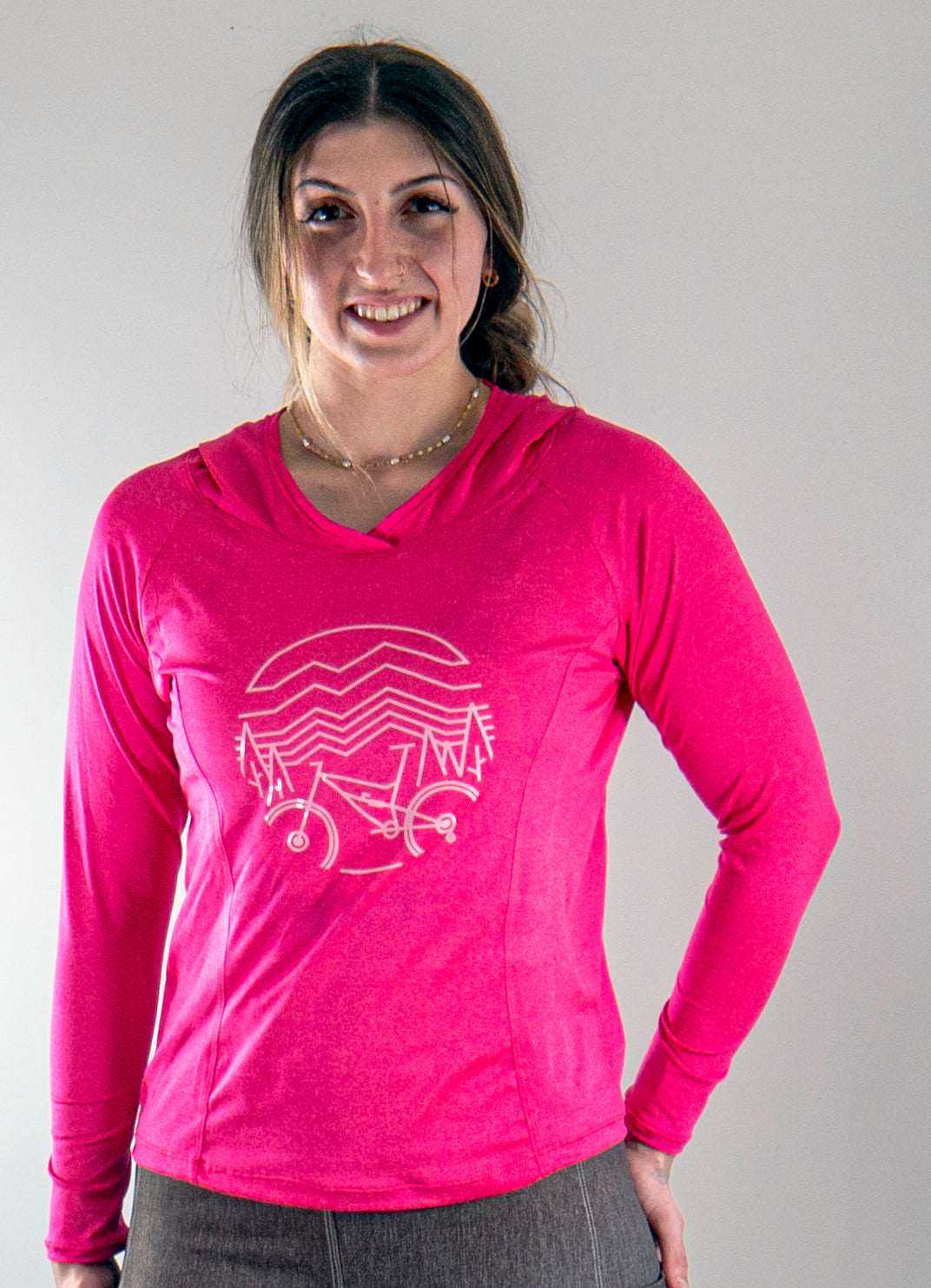 Moxie Heather Hoodie in bright pink with performance fabric, moisture-wicking Dri-Tex technology, and two back pockets.