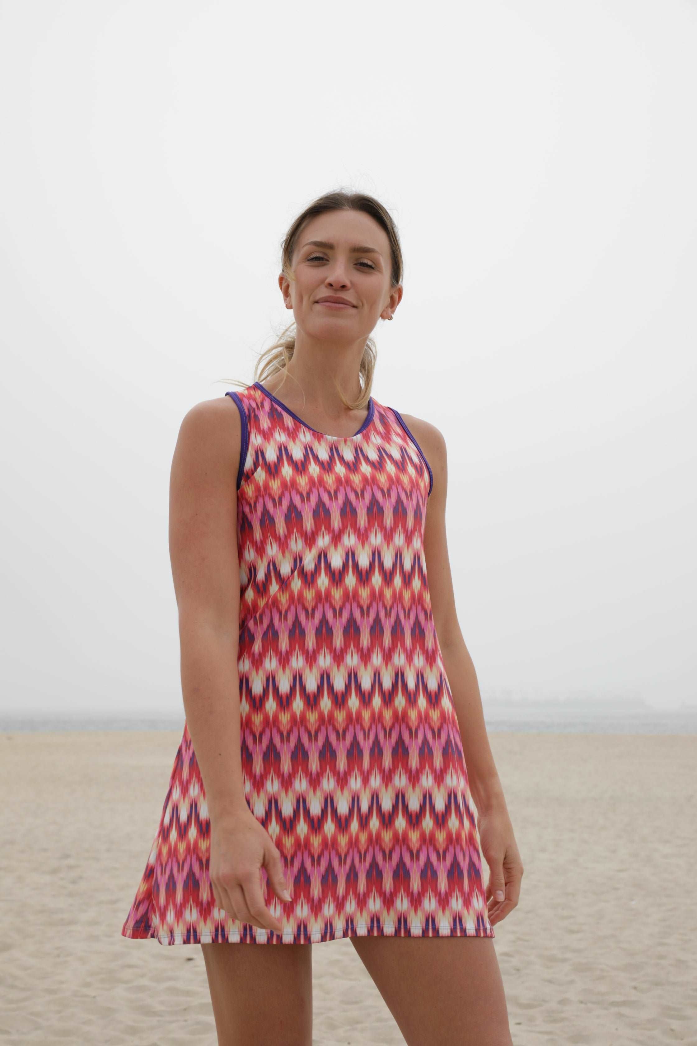 Sports Dress - Mod in colorful pattern, lightweight performance fabric, stylish scoop neckline.