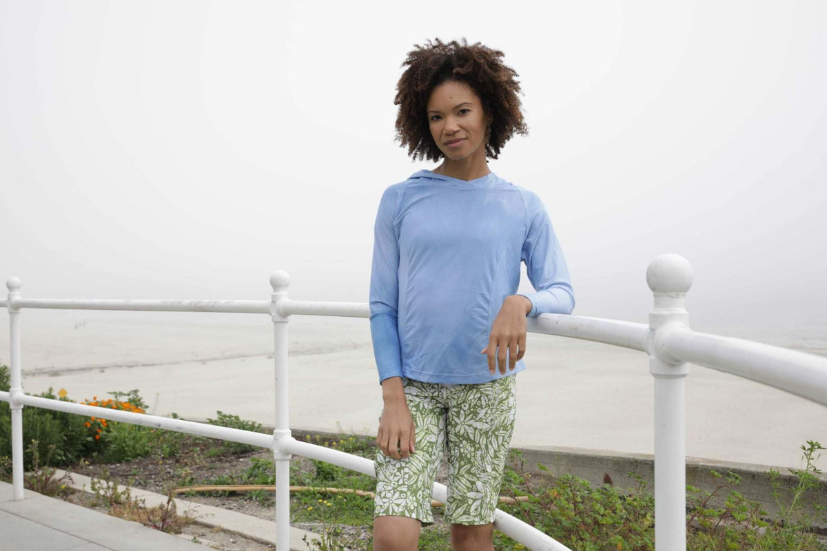 Women wearing Mountain Short-Peace Leaf bike shorts, featuring eco-friendly fabric and yoga waistband.