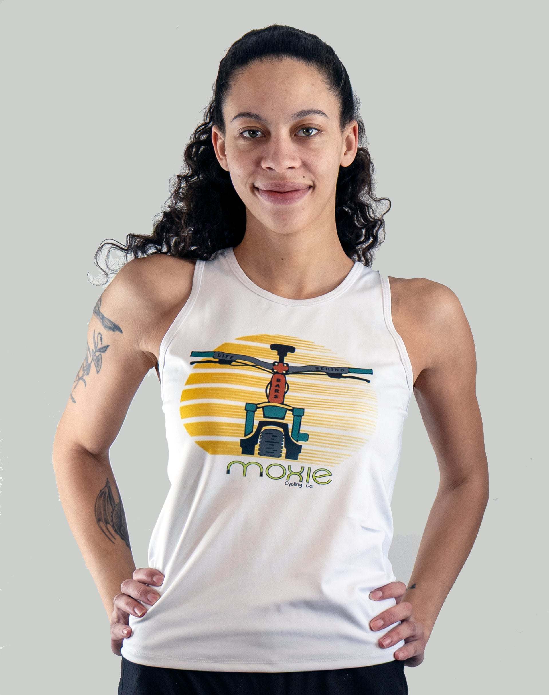 Women's sleeveless jersey tank style with Dirt and Ink graphics.
