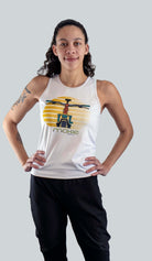 Women's sleeveless cycling jersey with Dirt and Ink cycling graphic.  White base fabric with mountain bike handles graphic stating Life Behind Bars