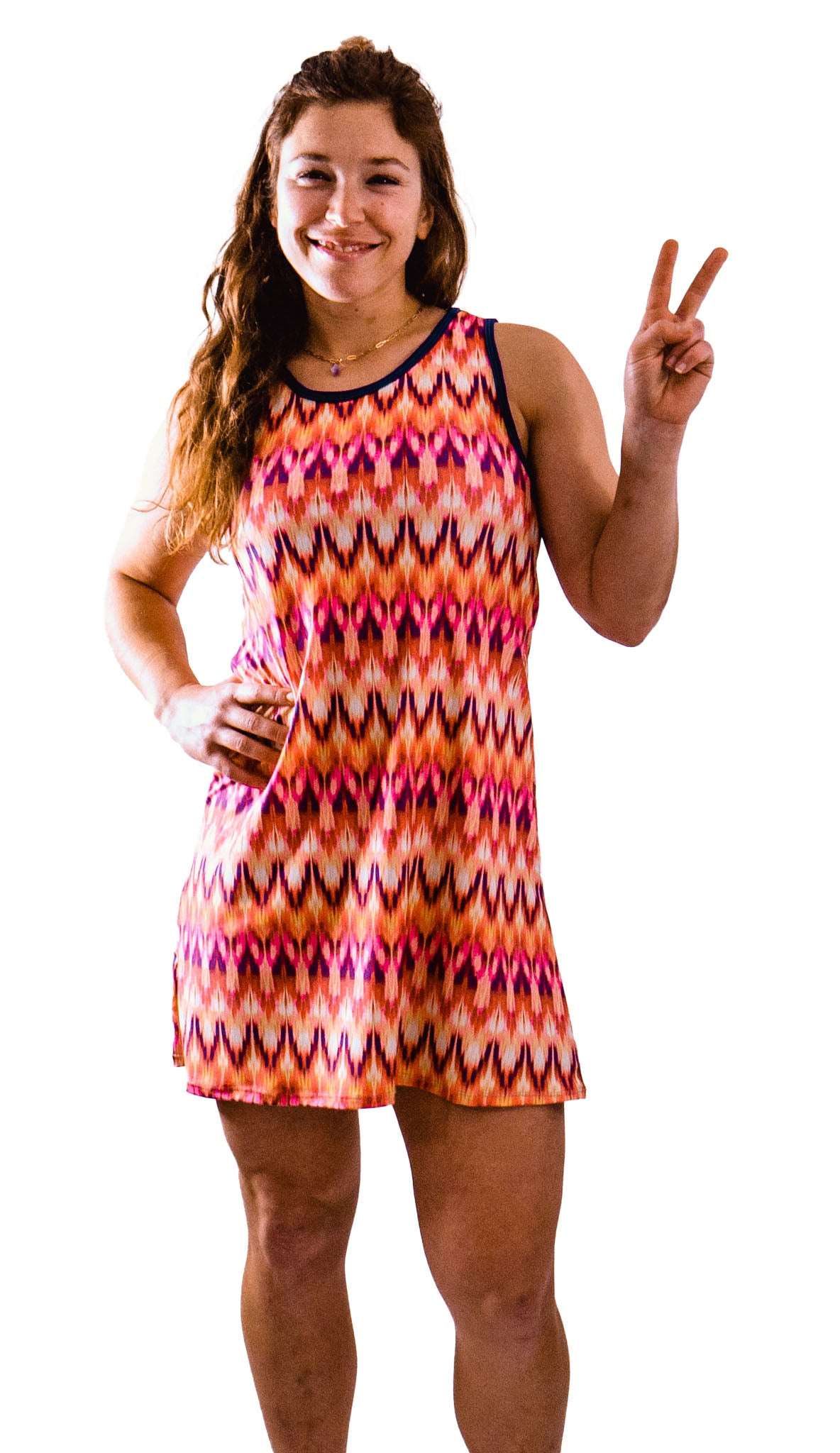 Sports Dress - Mod with colorful pattern, scoop neckline, and A-line cut.