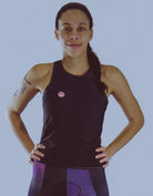 Women's sleeveless bike jersey in black and blue with a breathable mesh fabric, featuring a back pocket.