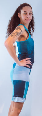 Women's sleeveless bike jersey with breathable mesh fabric and back pocket.