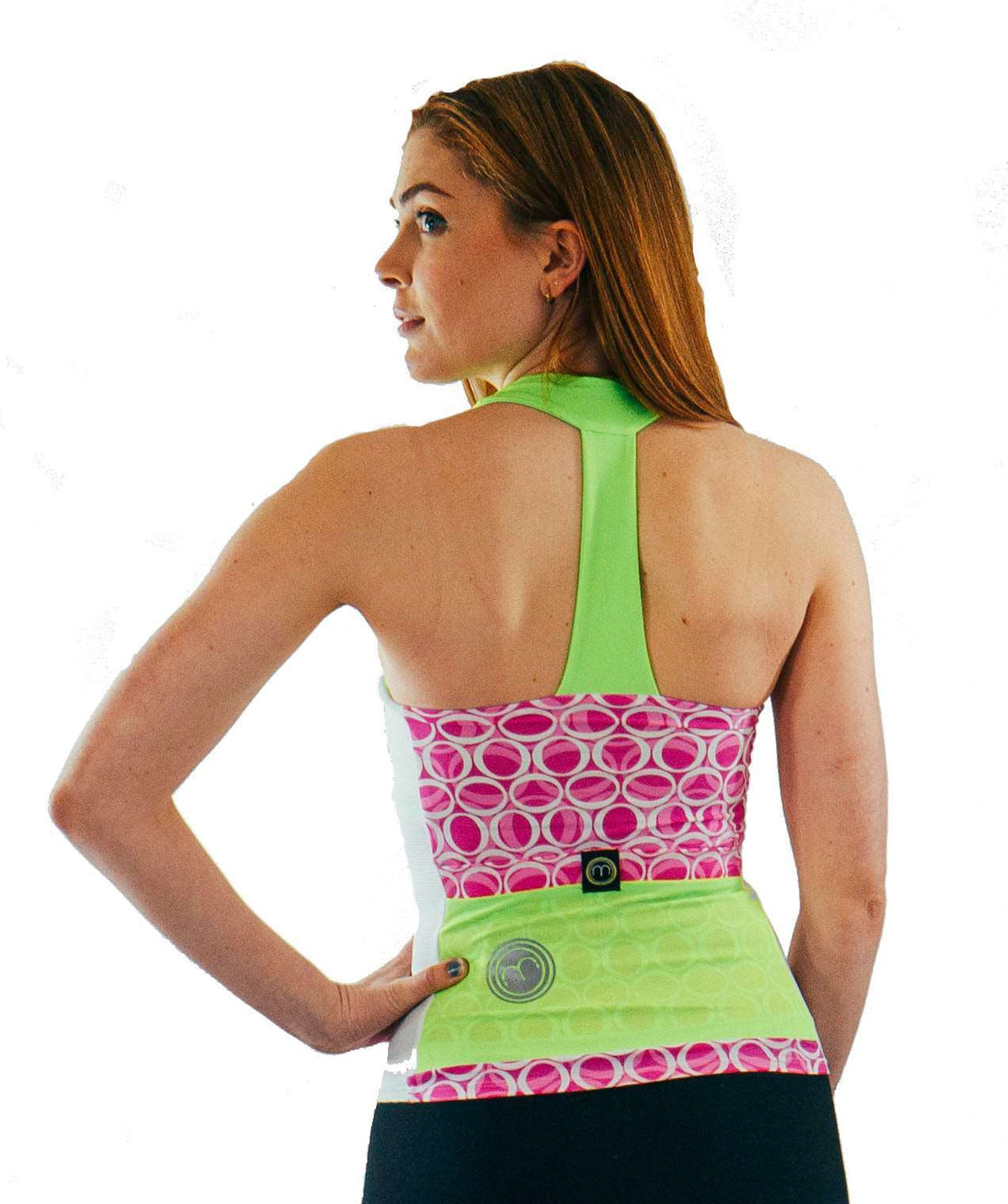 High Visibility Cycling Top - OVALS with built-in bra and reflective design, shown from the back with oversized pockets.