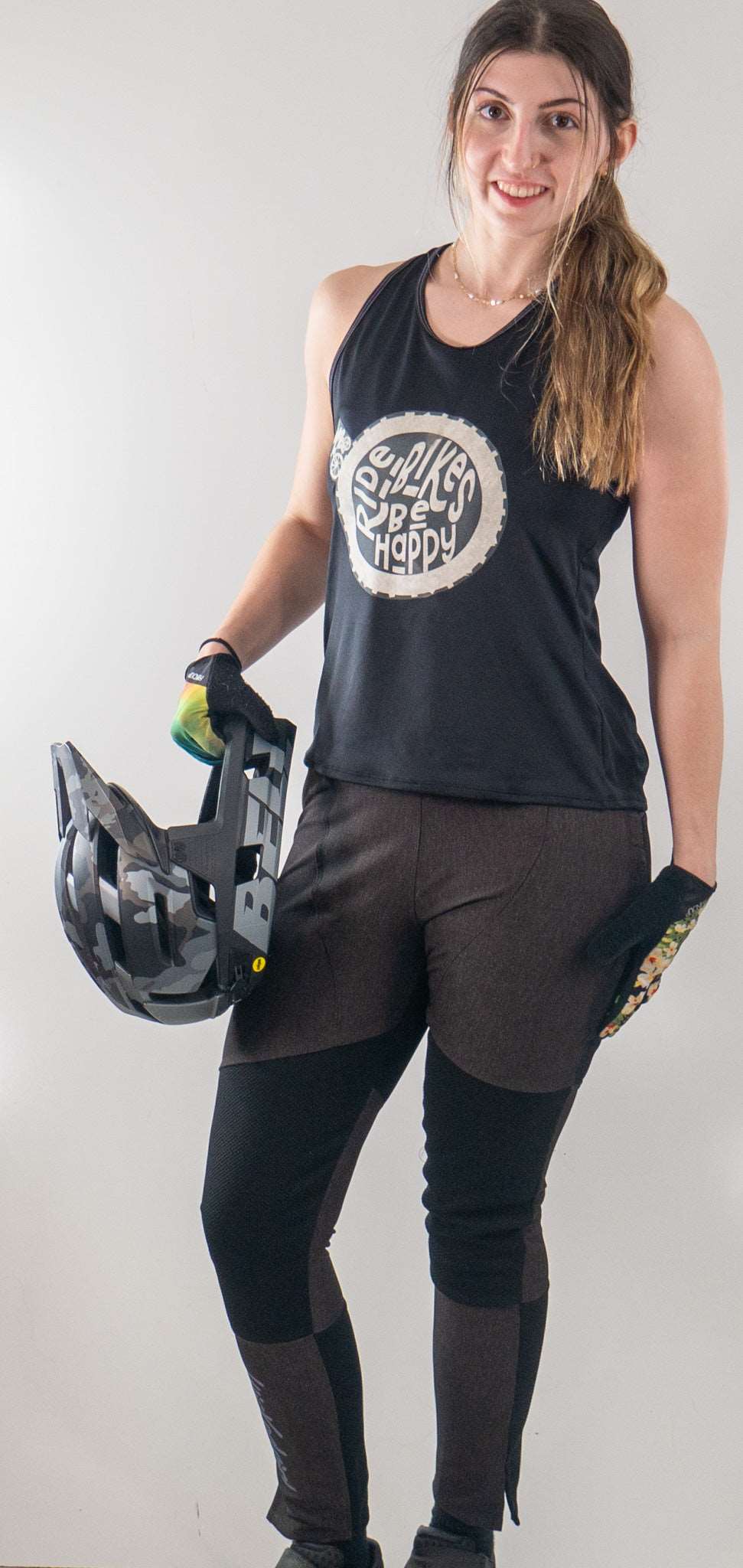 Mountain bike style tank top with "Ride Bikes Be Happy" print, featuring breathable mesh fabric and moisture-wicking material.