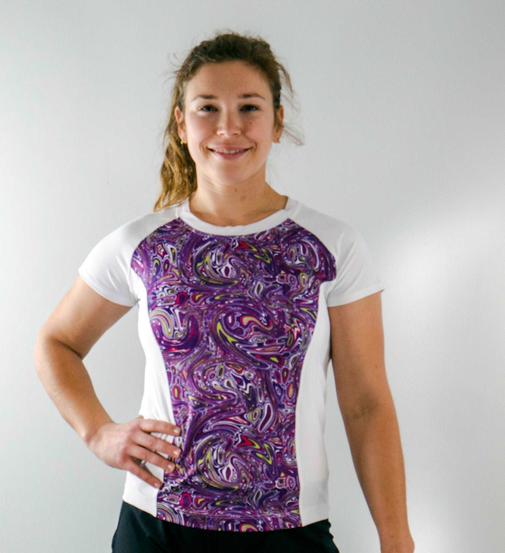 Moxie Tee Jersey in purple paisley design with moisture-wicking fabric.