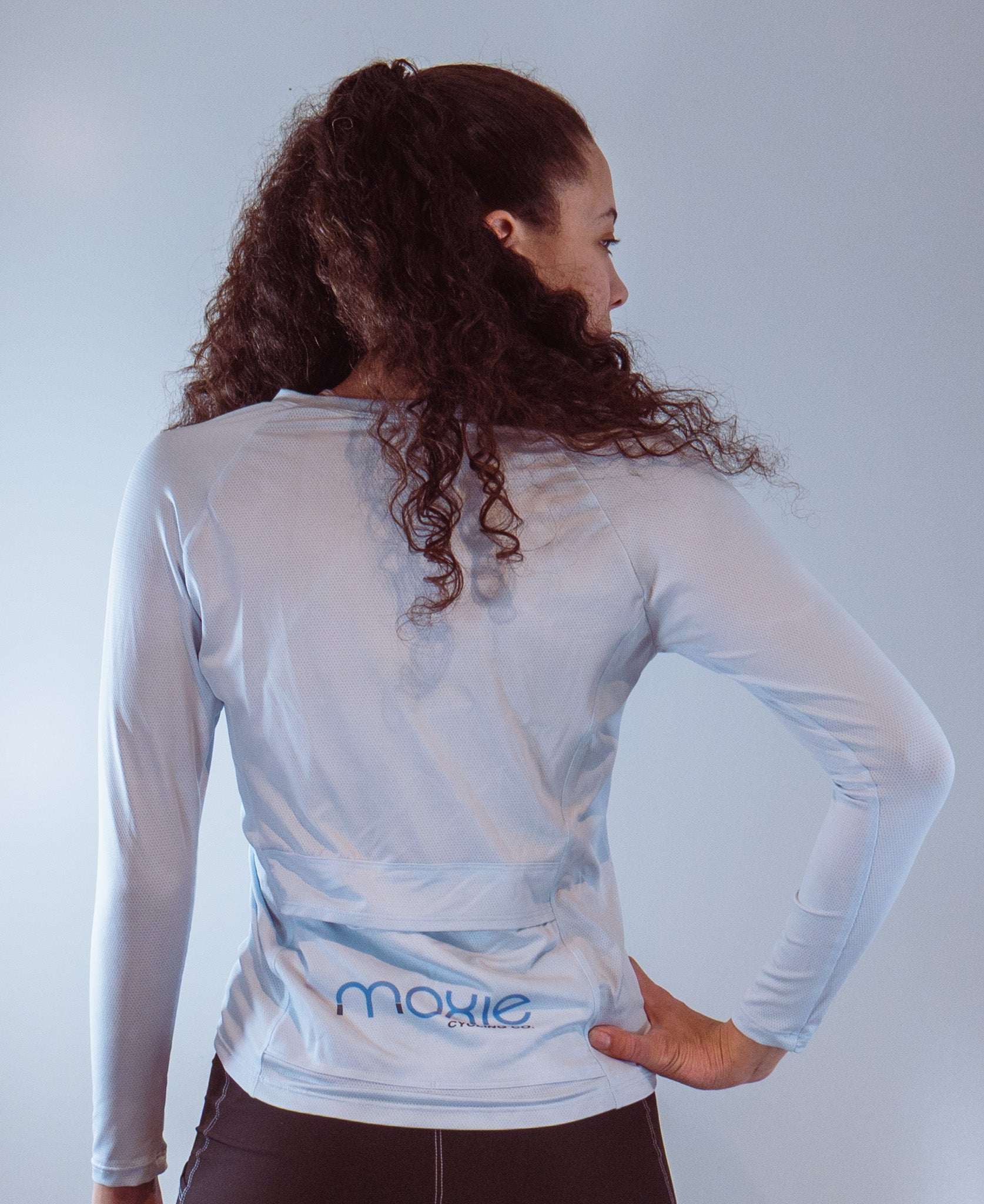 Moxie Tee Jersey Long Sleeve Good Times in soft blue back view.