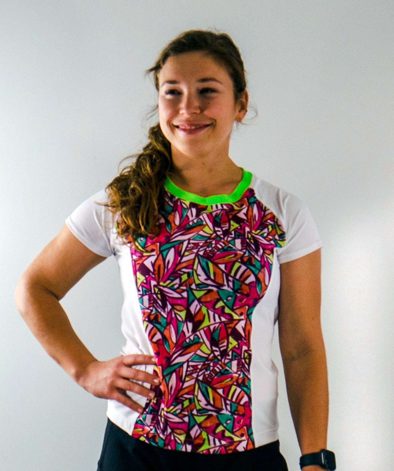 Moxie Tee Jersey Fifi with colorful design and moisture management technology.