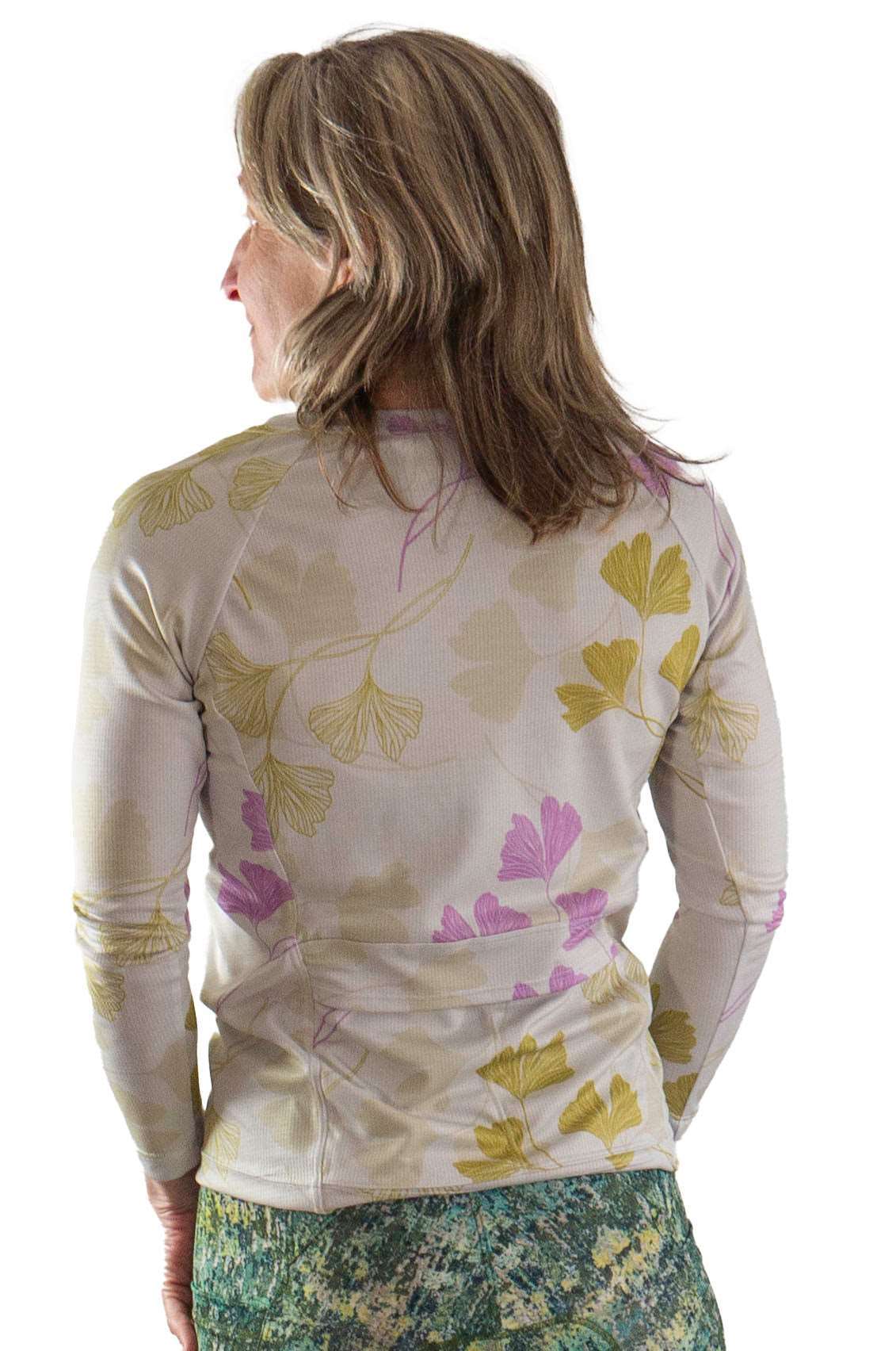 Moxie Tee jersey in moss floral print with long sleeves, featuring performance fabric and two back pockets.