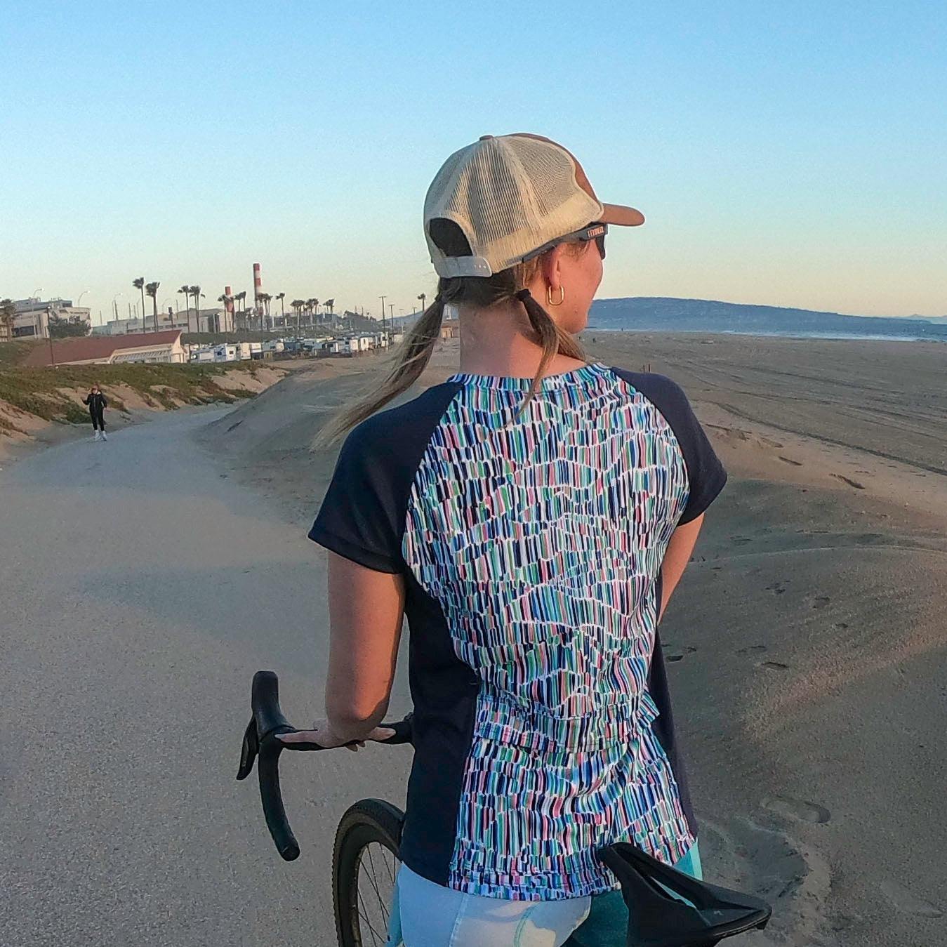 Moxie Tee Jersey Blues with moisture-wicking fabric for biking.