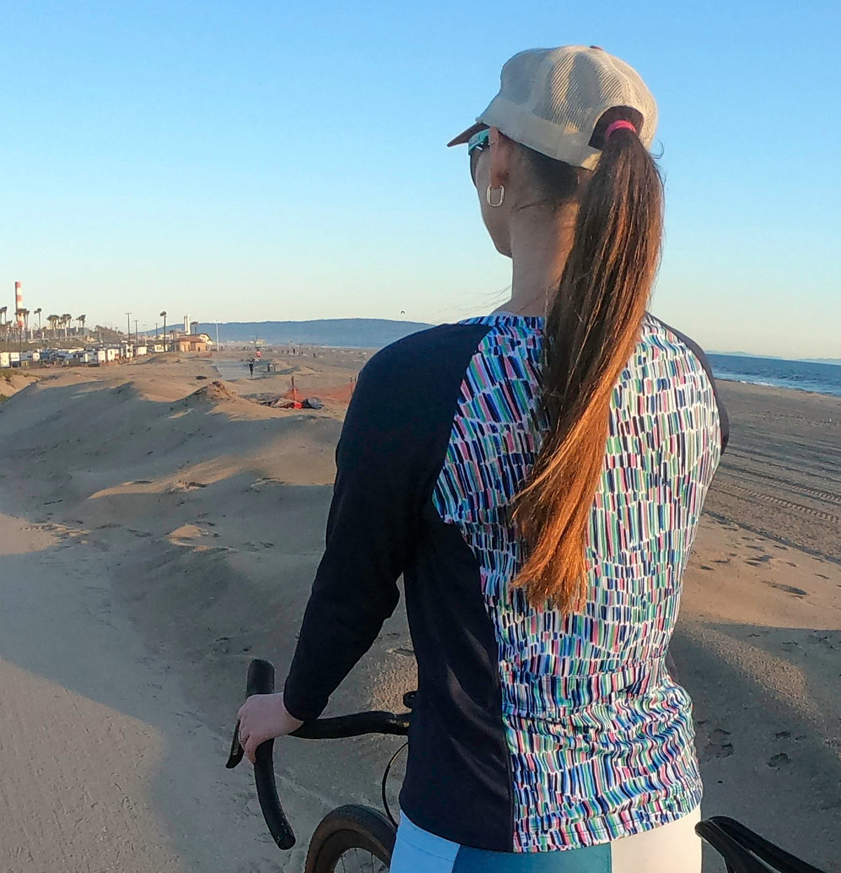 Moxie Tee Jersey Blues Long Sleeve for cool day rides with moisture management fabric.