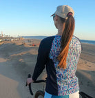 Moxie Tee Jersey Blues Long Sleeve for cool day rides with moisture management fabric.