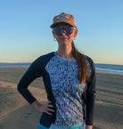 Moxie Tee Jersey Blues Long Sleeve for biking with moisture management fabric.