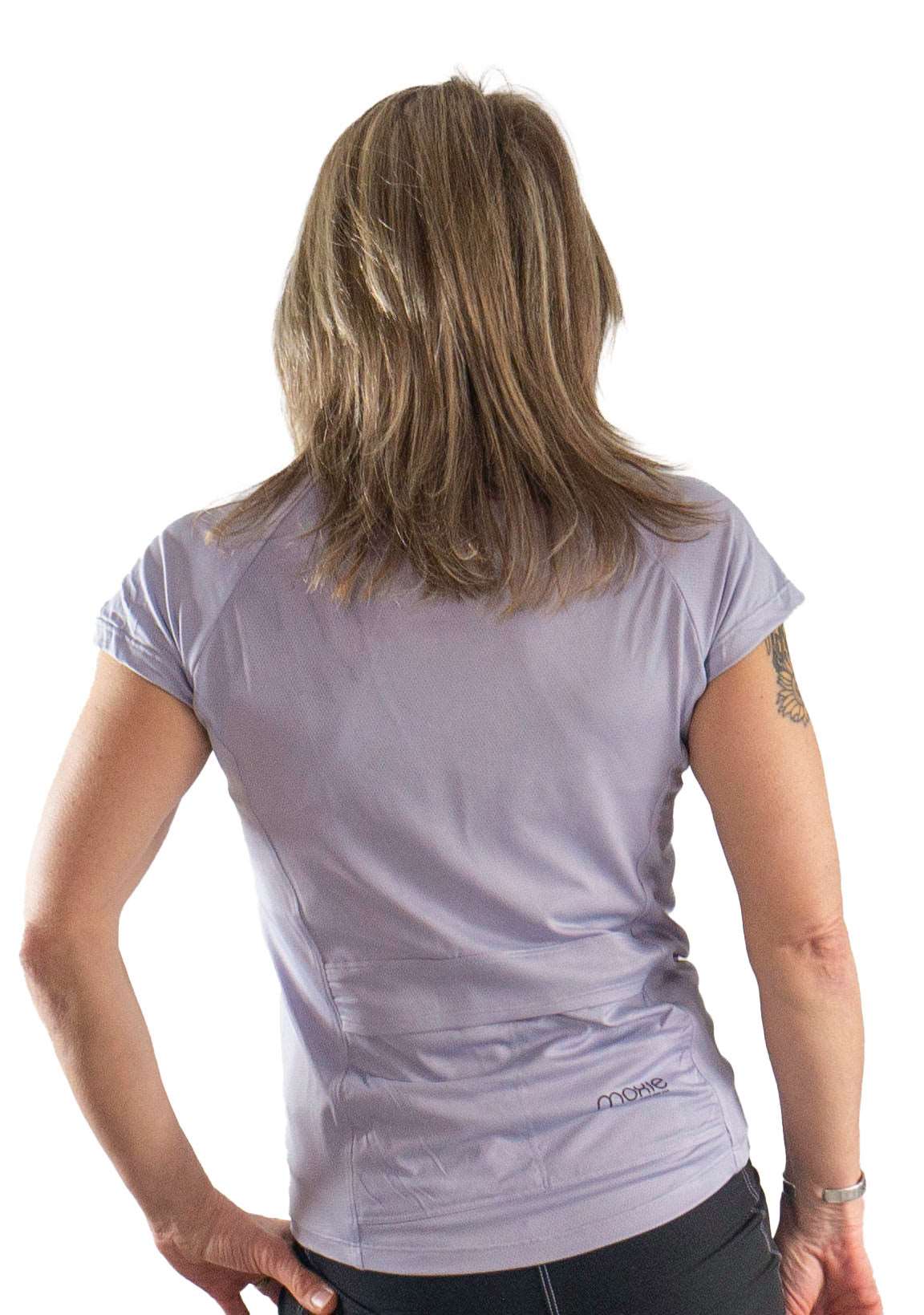 Moxie Tee Jersey Lilac Dreamcatcher with moisture management technology, shown from the back.