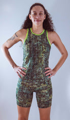 Women's Sleeveless Bike Jersey in forest pattern with breathable mesh fabric.