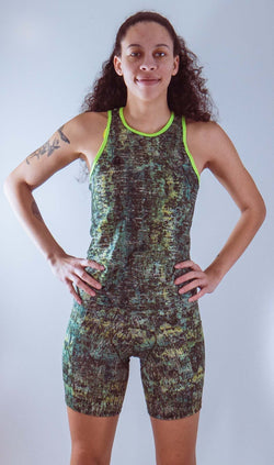 Women's Sleeveless Bike Jersey in forest pattern with breathable mesh fabric.