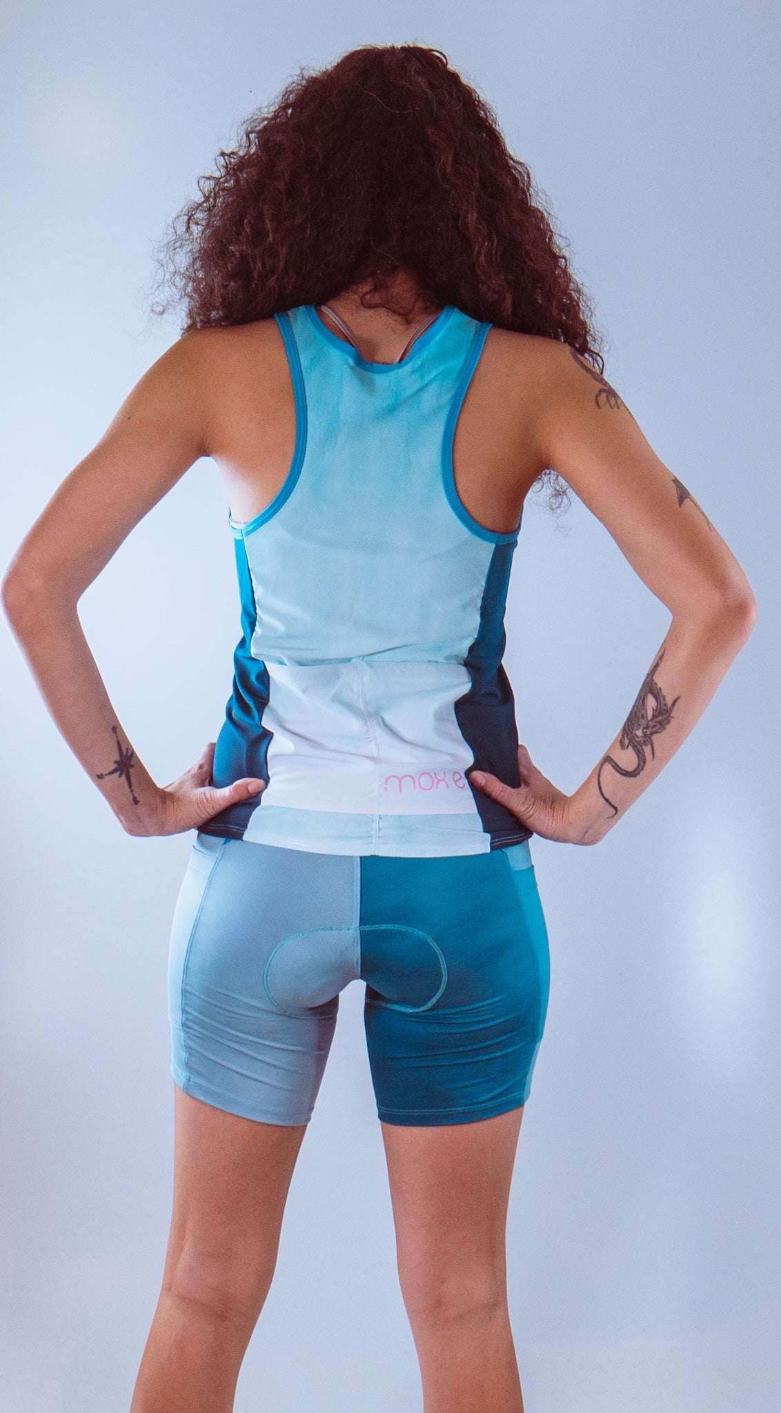 Women's bike shorts with 7" inseam and Italian chamois, in baby blue; designed for comfort and performance.