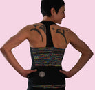High Visibility Cycling Top with T-back design and colorful print, featuring strategic ventilation and oversized pockets.