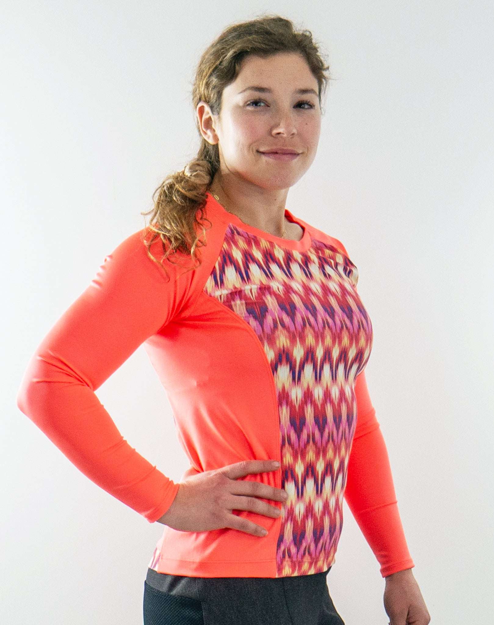 Moxie Tee heavier weight long sleeve jersey in high vis Dri-Tex fabric for cool day rides