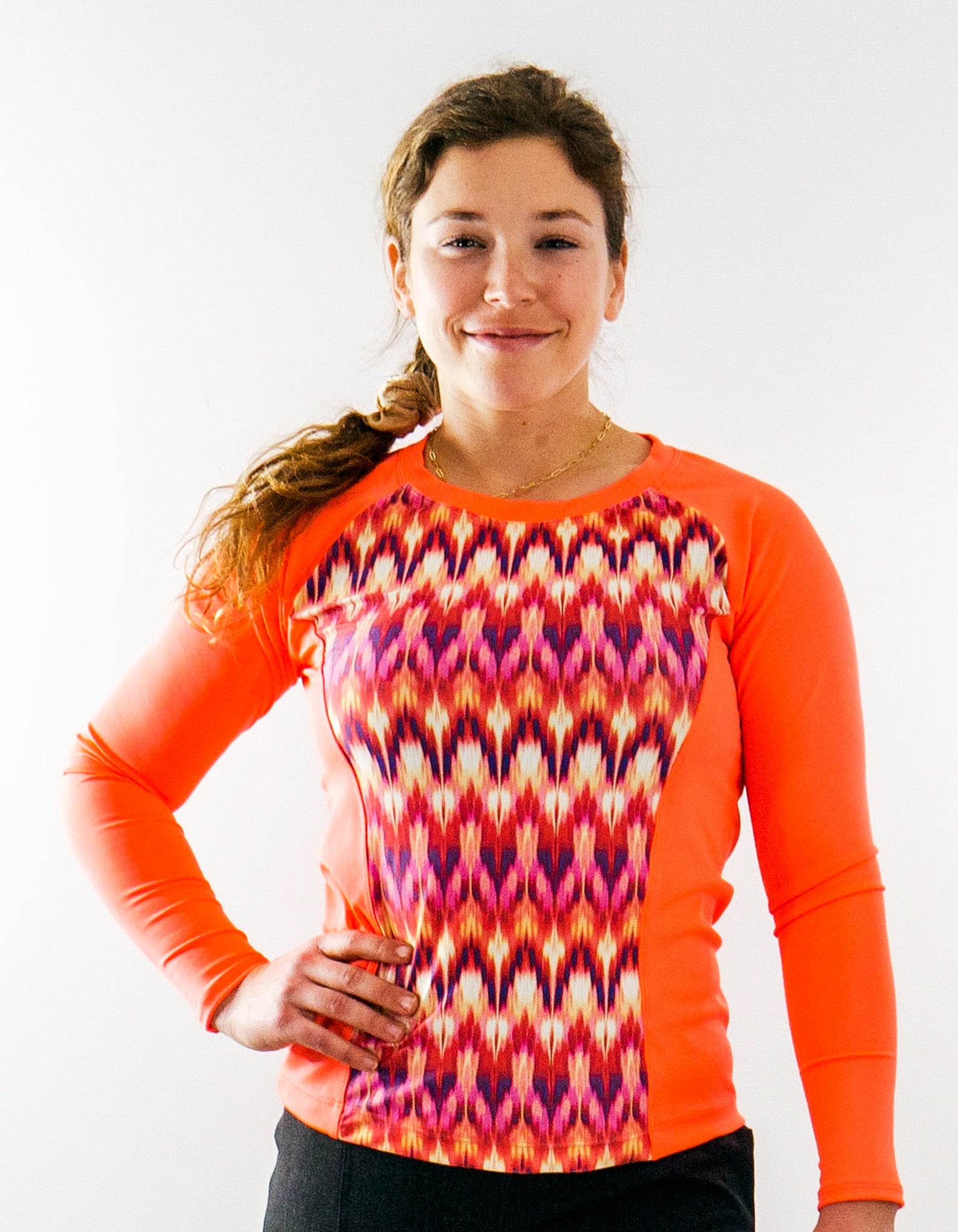 Moxie Tee heavier weight long sleeve jersey in high visibility design for cool day rides