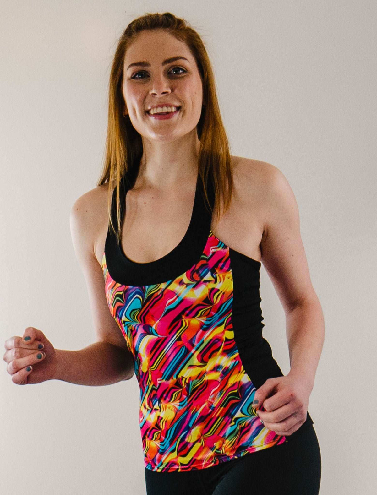 High Visibility Cycling Top -Wave with colorful print, built-in bra, and T-back design.