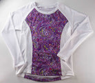 Moxie Tee Jersey Purple Paisley with long sleeves and moisture-wicking fabric.