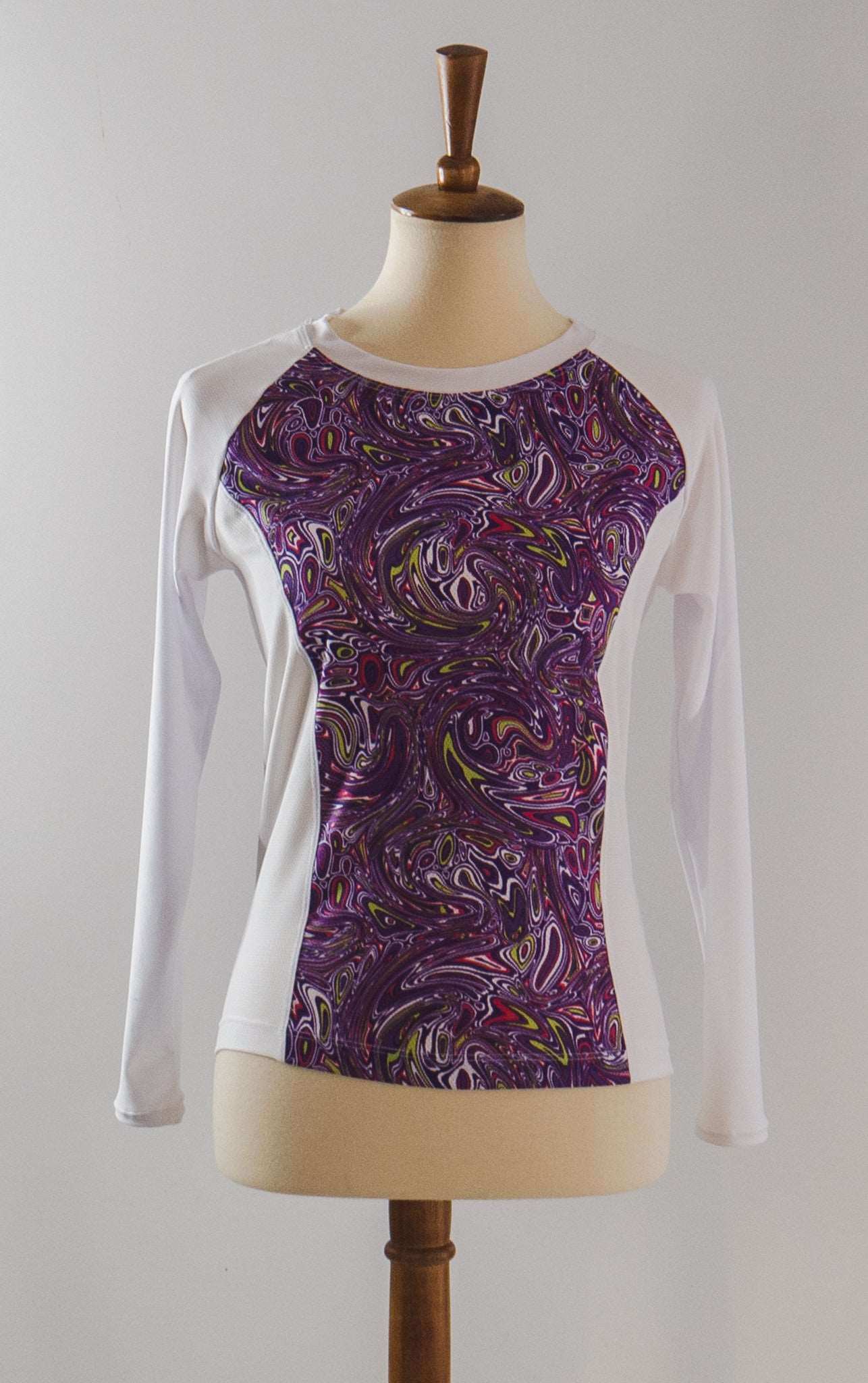Moxie Tee Jersey Purple Paisley long sleeve bike jersey with moisture management fabric.