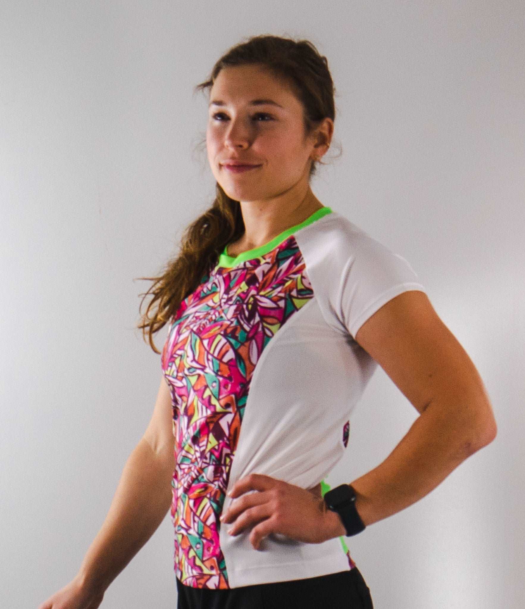 Moxie Tee Jersey Fifi with colorful design, perforated mesh, and two back pockets.
