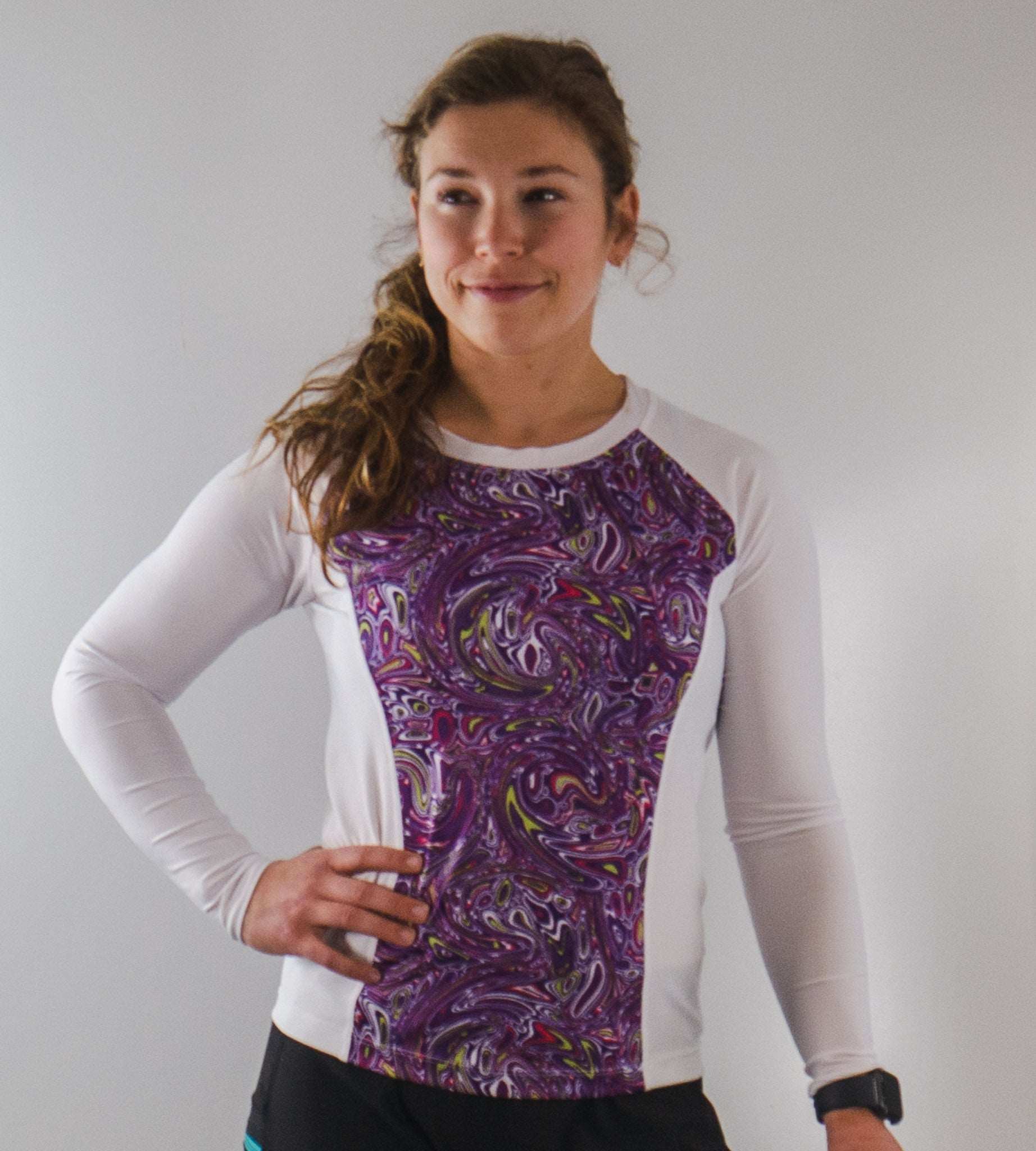 Moxie Tee Jersey in Purple Paisley with long sleeves and quick-dry fabric.