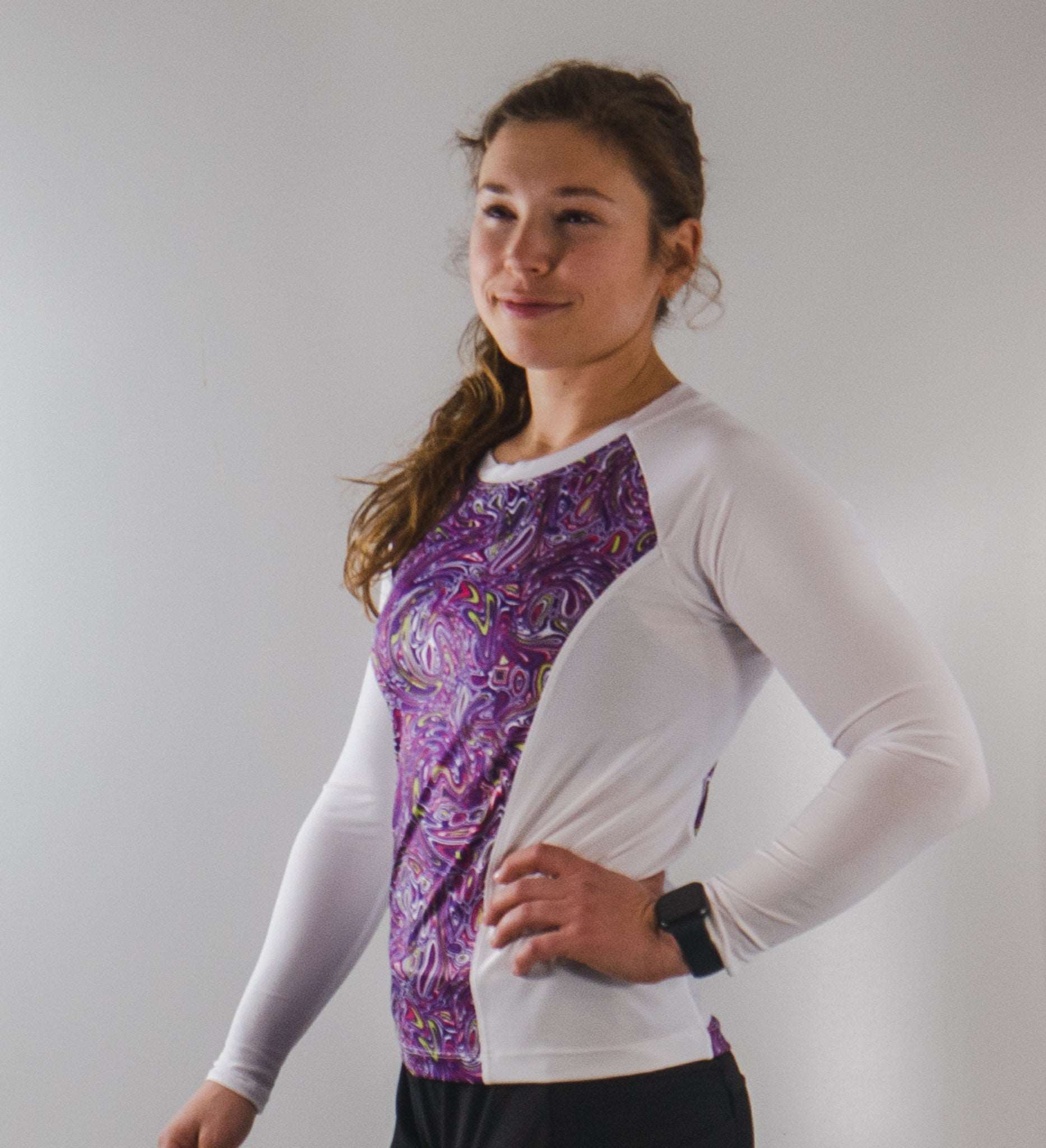 Moxie Tee Jersey Purple Paisley, long sleeve bike jersey, moisture-wicking performance fabric.