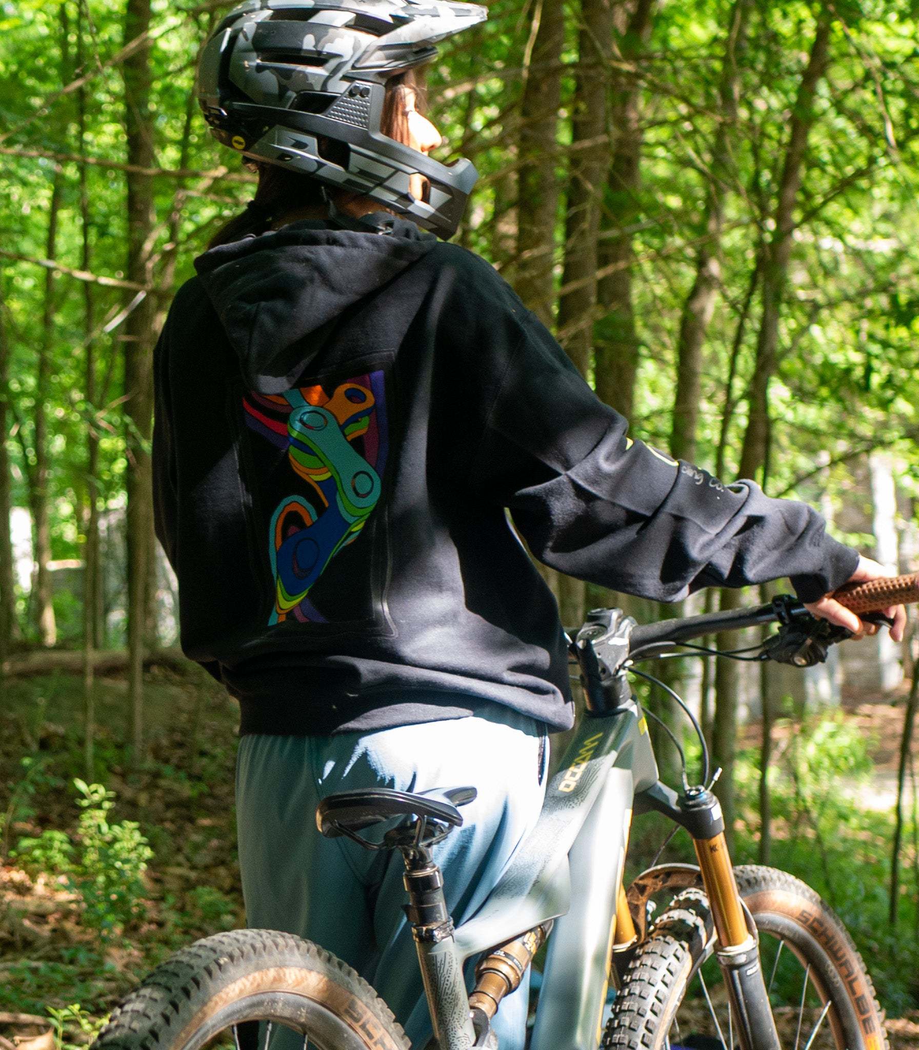 Moxie Hoodie with Dirt and Ink graphic featuring custom mountain bike shades design