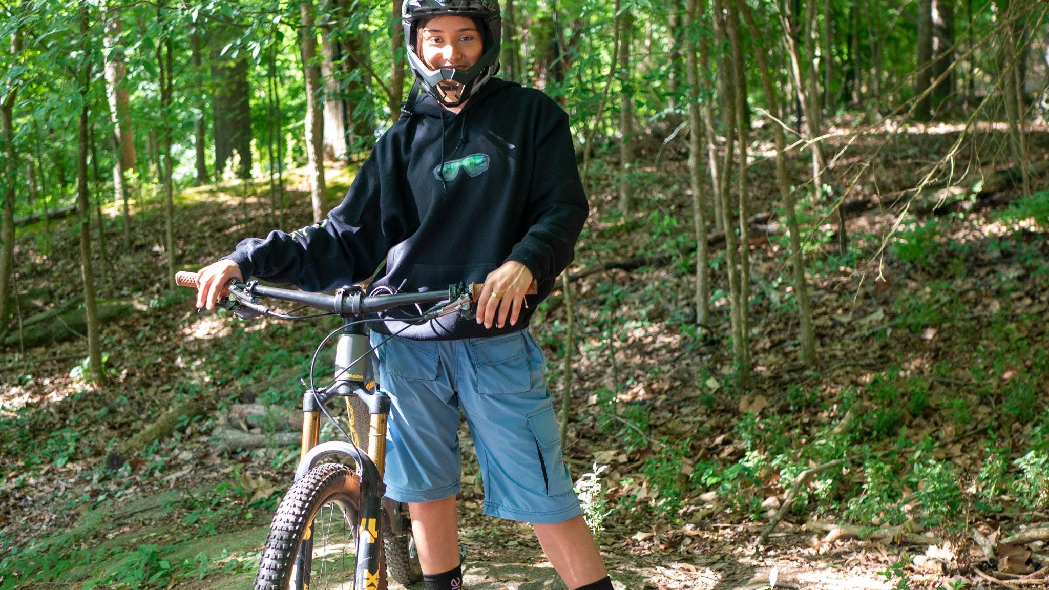 Hoodie and mountain bike shorts
