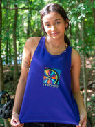 Women wearing Moxie Tech Tank breathable mesh cycling jersey with Ride Bikes Be Happy graphic on mountain trail