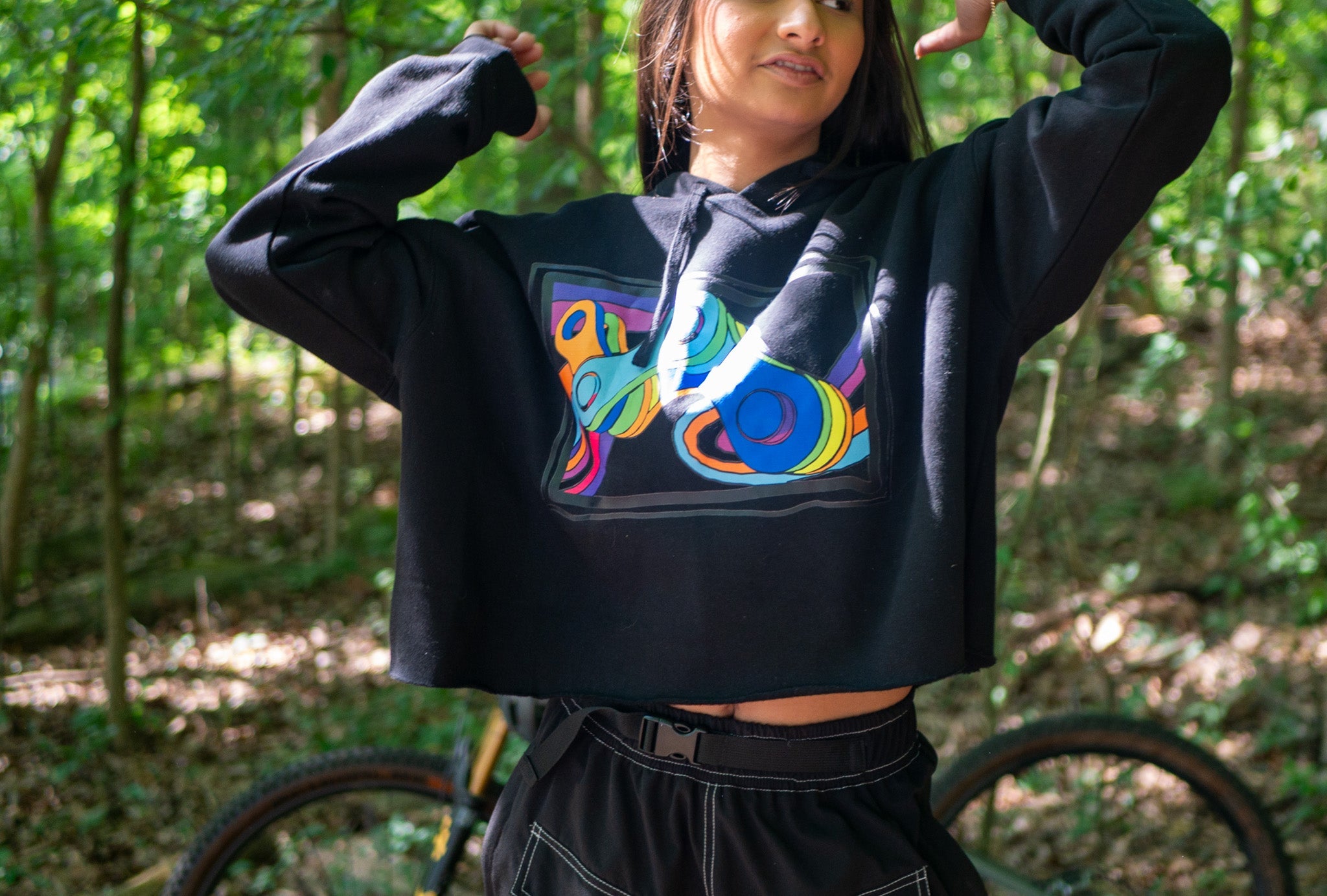 Moxie Hoodie cropped performance design with mountain bike graphics