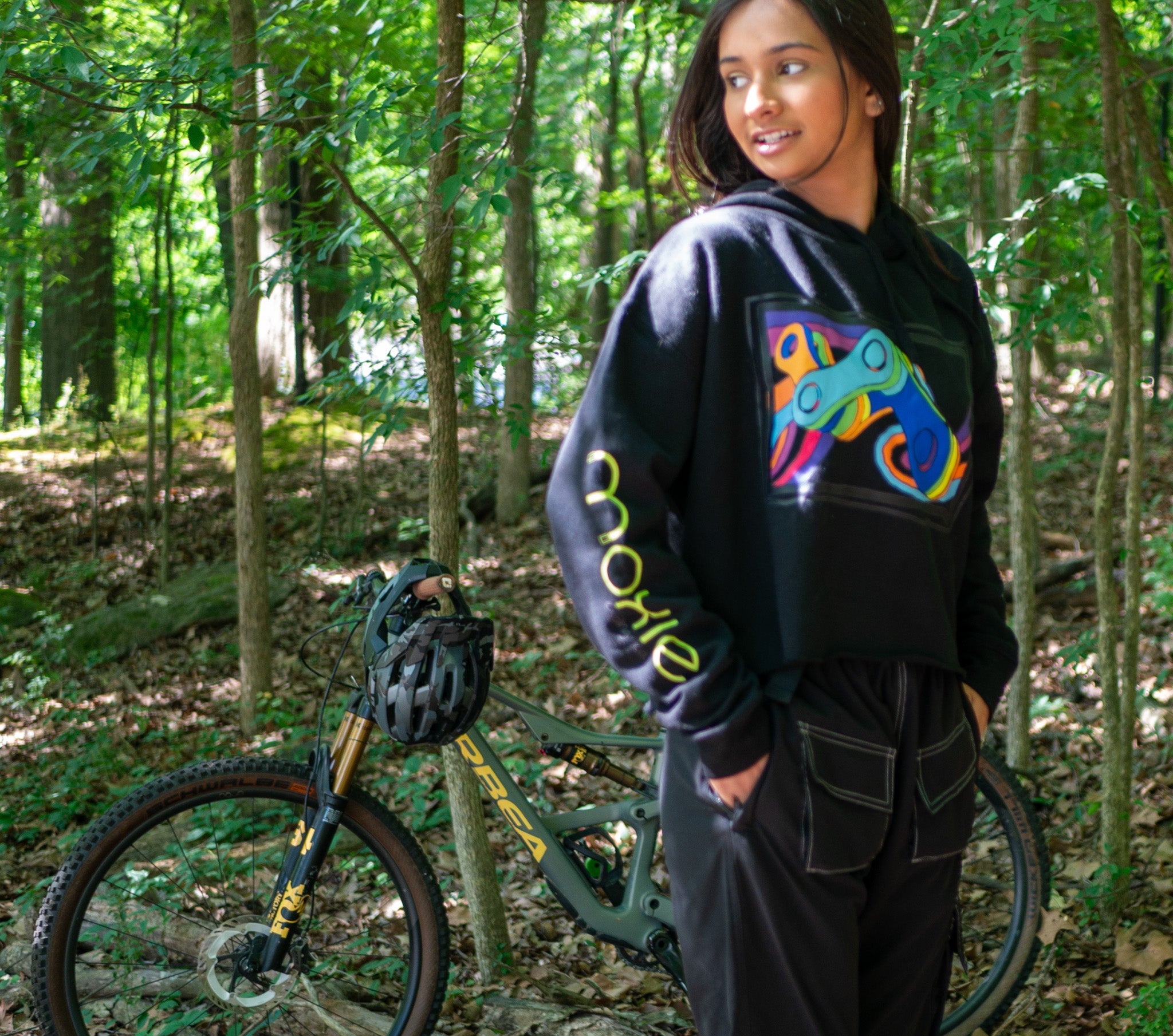 Moxie Hoodie Cropped Performance Hoodie with Dirt and Ink mountain bike graphics