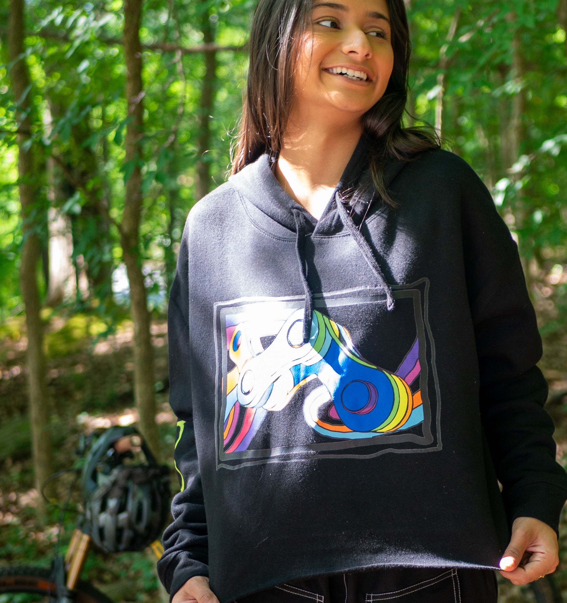 Moxie Hoodie Cropped Performance Hoodie with mountain bike graphics from Art Series