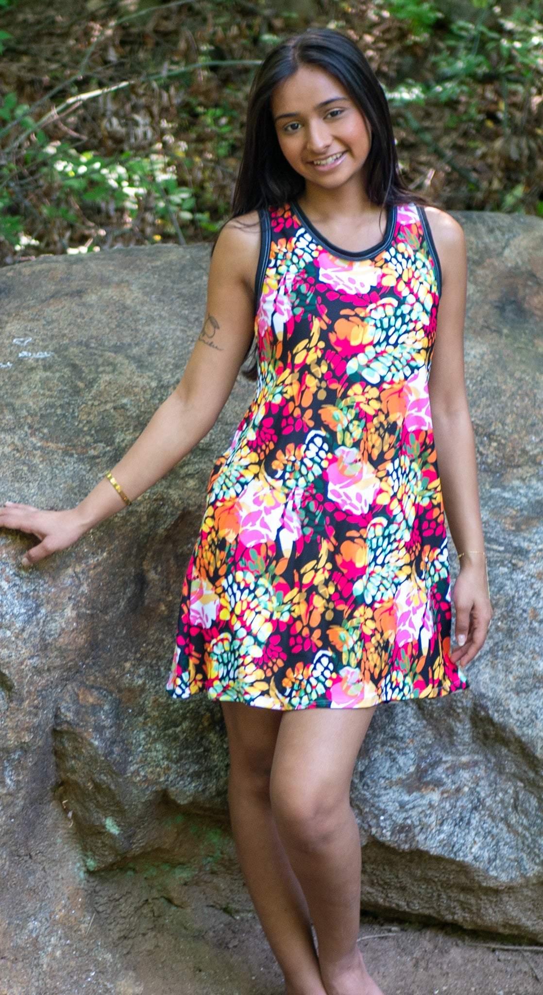 Moxie Sports Dress in vibrant tropical print with 4-way stretch and athletic fit
