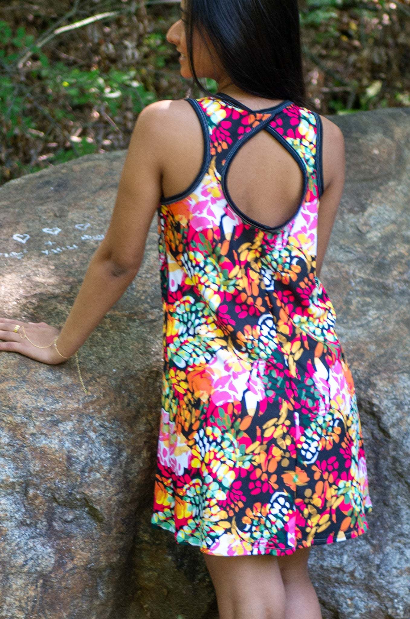 Moxie Sports Dress in vibrant tropical print featuring 4-way stretch performance spandex and modern scoop neck