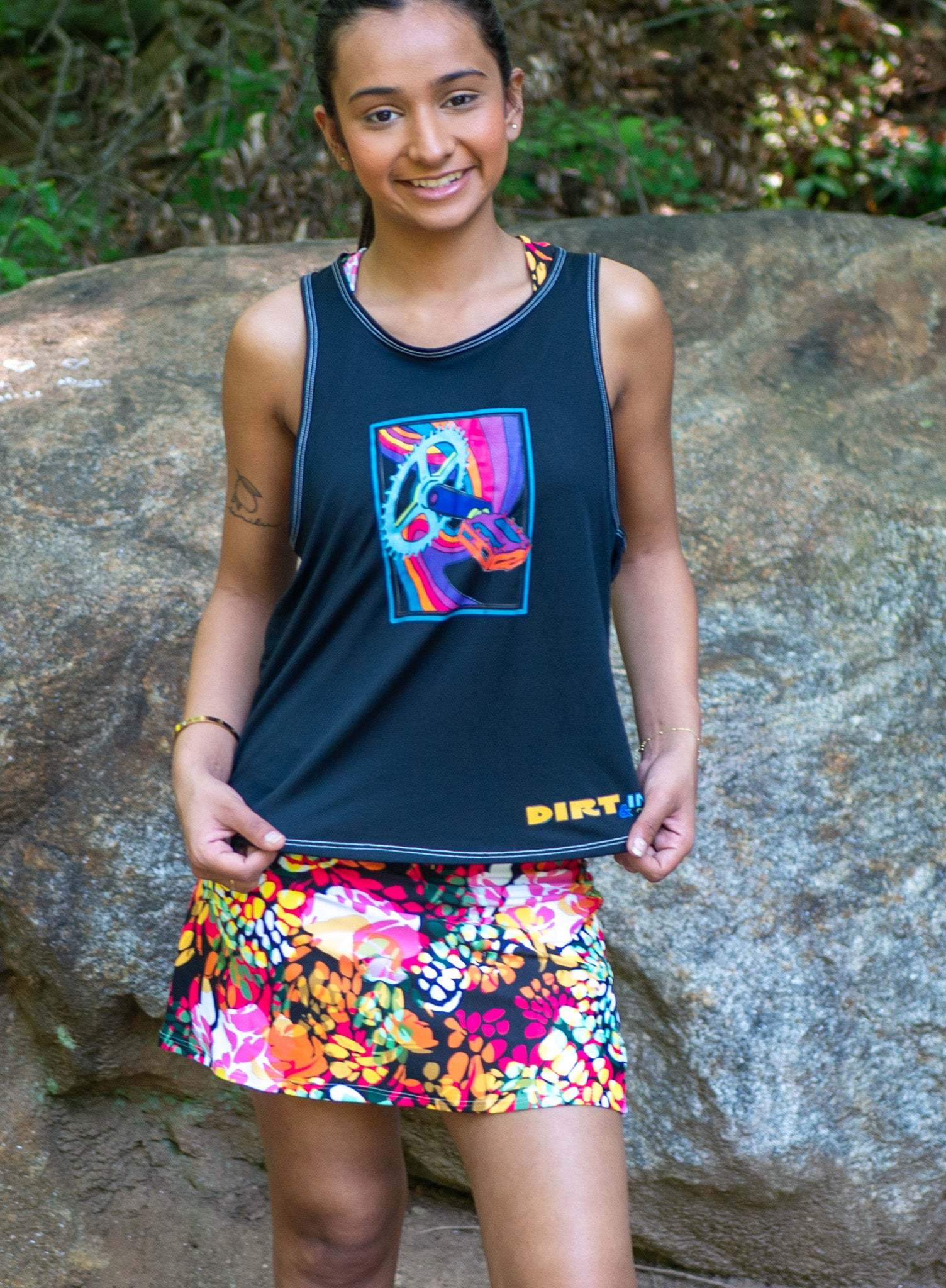 Athletic sports skirt with vibrant tropical print and breathable four-way stretch fabric