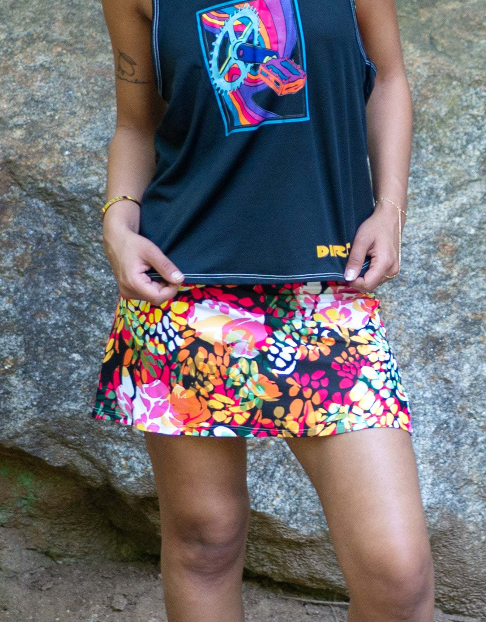 Athletic sports skirt with vibrant tropical print and breathable four-way stretch fabric
