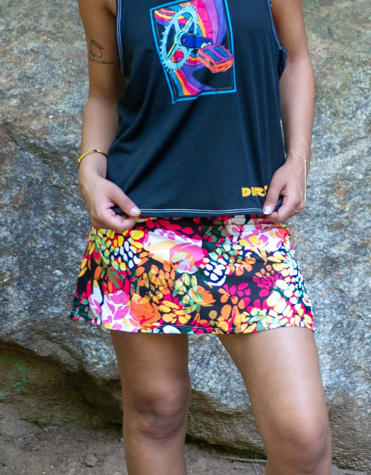 Athletic sports skirt with vibrant tropical print and breathable four-way stretch fabric